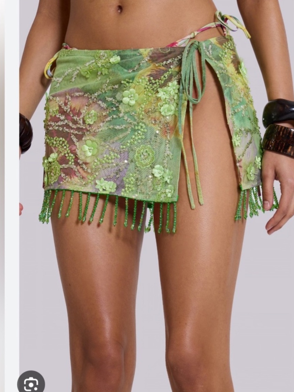 Jaded London Melona Embellished Wrap Mini Skirt in Lime Beaded Sarong M / L NEW